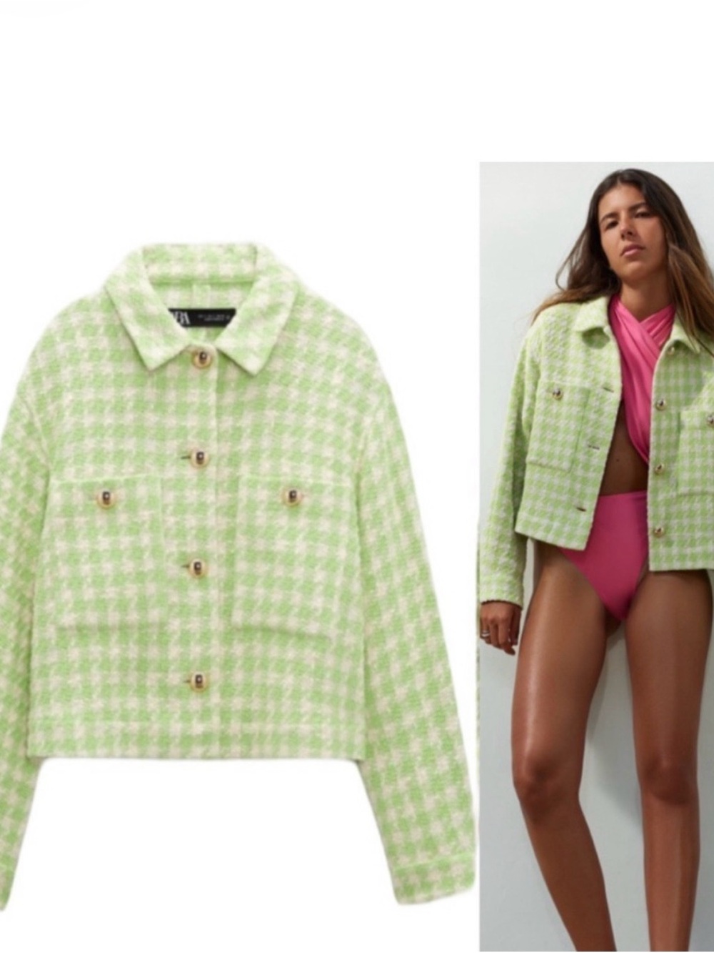 Zara Light Green Houndstooth Cropped Jacket